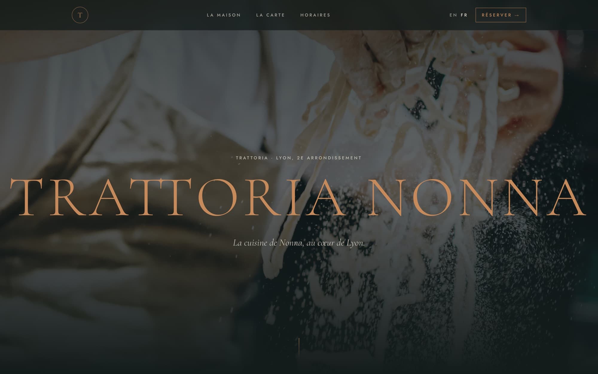 Home page of the Trattoria Nonna website, on a dark background, with the restaurant name in large copper letters.